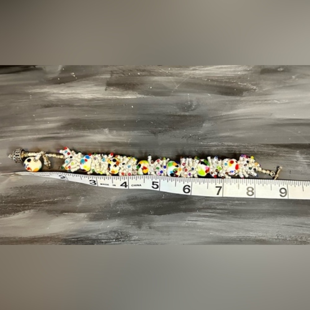 Artisan hand crafted multi colored art glass bead confetti bracelet silver clasp - Picture 10 of 11